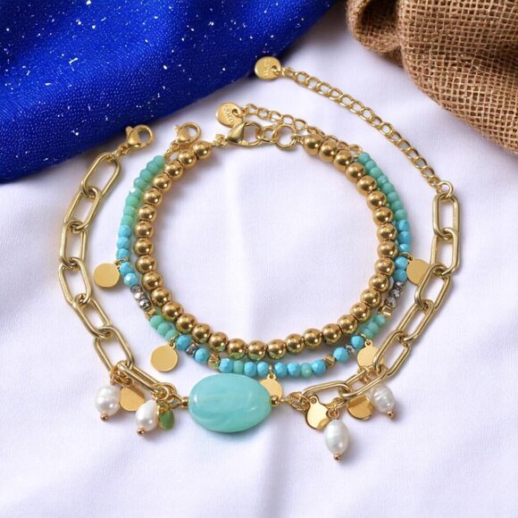 🆕️18K Gold Plated Stainless Steel Bracelet Set: Jade & Freshwater Pearls 🌟 - Picture 1 of 14